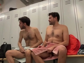Public gym tryst: risk-taking bareback boy on boy action in the locker room