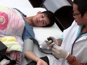 Gay couple watches as an Asian twink is examined and fucked by a doctor.