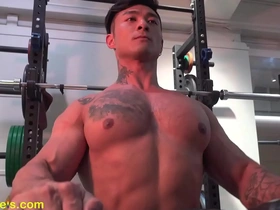 Muscle worship with an Asian hunk who performs edging and nipple play.