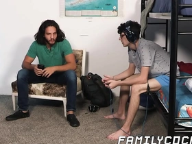 A nerdy gay teenager has a threesome with his stepfather and stepmother.