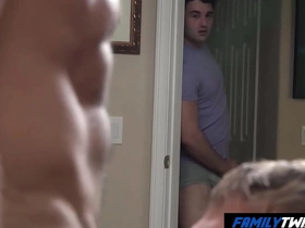 Stepfather and stepson seduce the hot delivery boy in a gay threesome