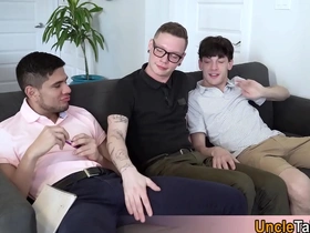 Gay nerds have a threesome and try out anal sex.