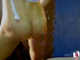 Steamy shower scene with a hot guy showing off his wet body in a bodysuit and without it.