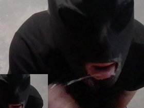 Slutty gay guy gives blow job in femdom basement scene
