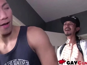 Skinny Asian guy immediately sucks a hairy cock