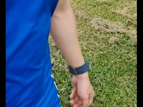 Gay Asian man goes for a jog outdoors and shows off his body.