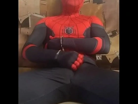 Gay Spidey in solo pleasure with self-care in tight spandex suit