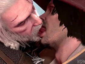 Gay game characters Geralt and Obbi share a passionate kiss with tongue.