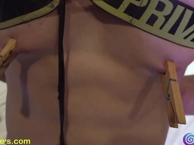 A blindfolded and tied up hot hunk with a lean muscular build enjoys nipple play and edging.