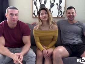 Small Asian girl gets destroyed by two hunk body builders with deepthroat and facial scenes.