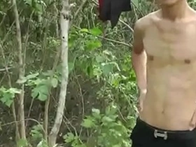Young Asian men naked and ejaculating outside