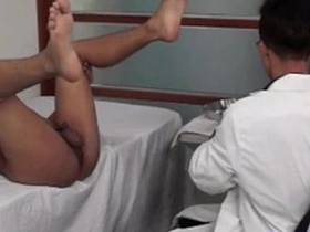 Uniformed doctor pleasuring Asian twink's tight hole