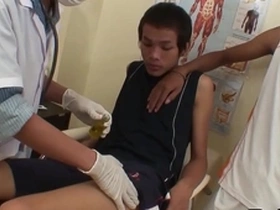 Asian twink gets cum explosion after threesome with doctors and oral sex