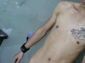 Young Asian boy with a big cock pleases himself while in bondage.